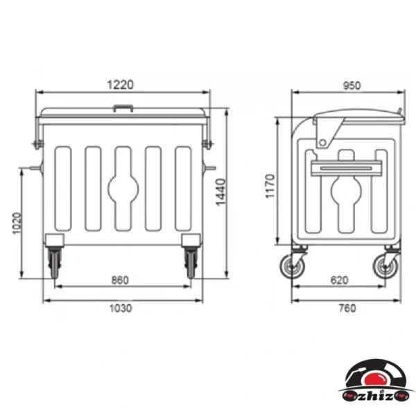 1100 Litre Sıcak Daldırma Çöp Konteyner Ölçüleri