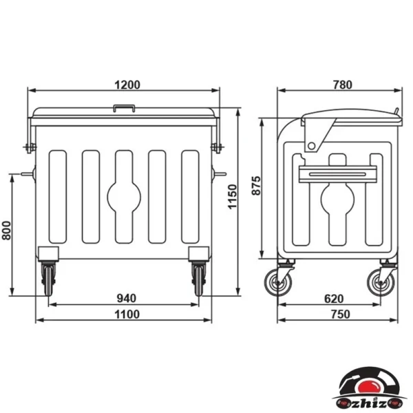 770 Litre Sıcak Daldırma Çöp Konteyner Ölçüleri